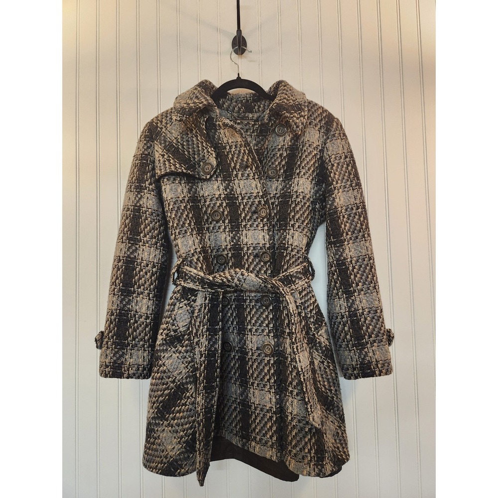 DKNY Womens Plaid Wool Blend Belted Trench Coat Brown Double Breasted Size 10